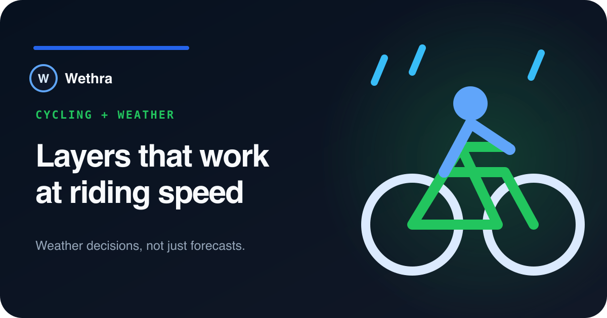 Wethra illustration of a cyclist riding in rain with weather-ready layers.